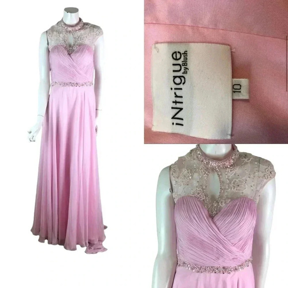 INtrigue by Blush Size 10 Pink Chiffon Grecian Formal Dress Hand Beaded Bodice - Picture 1 of 8